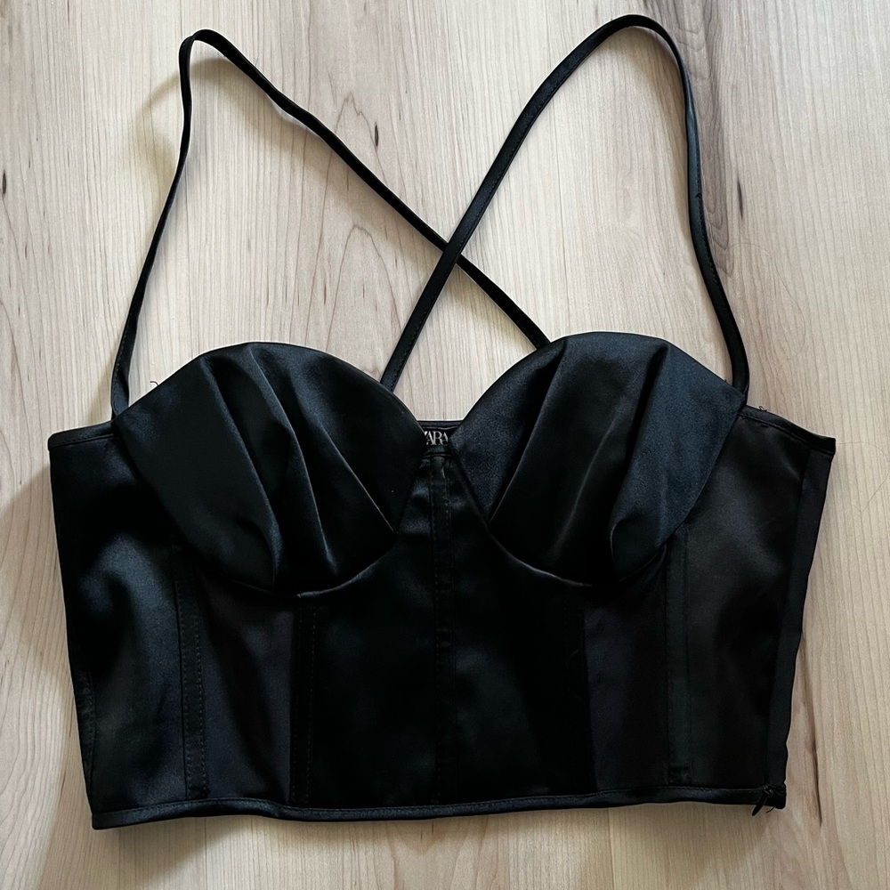 ZARA Black Satin Bustier Top Small